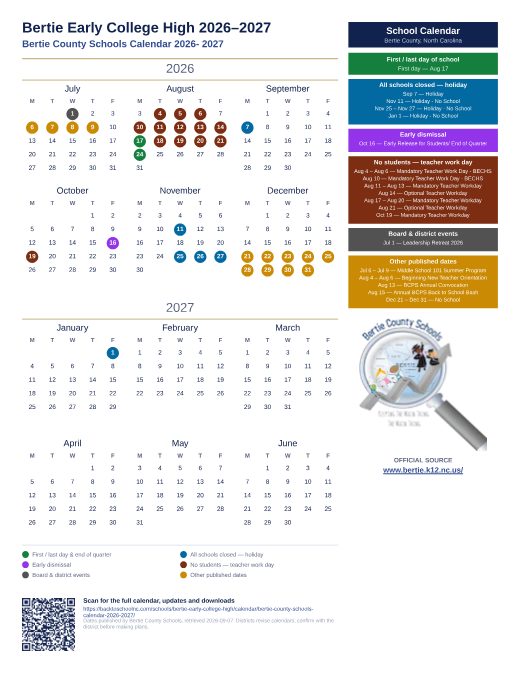 Bertie County Schools Calendar 2026- 2027 preview