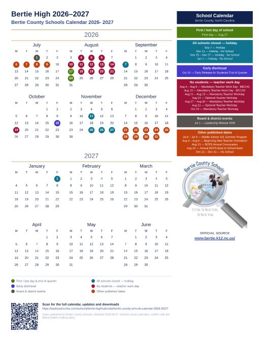 Bertie County Schools Calendar 2026- 2027 preview
