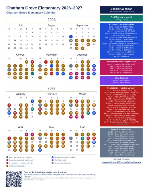 Chatham Grove Elementary Calendar preview