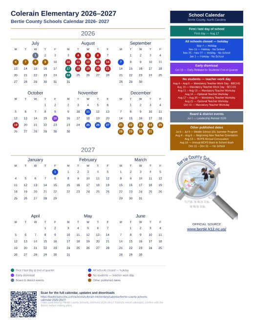 Bertie County Schools Calendar 2026- 2027 preview