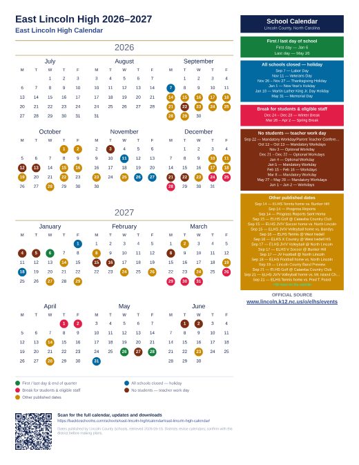 East Lincoln High Calendar preview