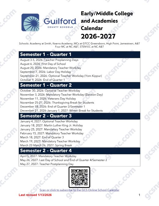 Early/Middle College and Academies Calendar 2026–27 preview