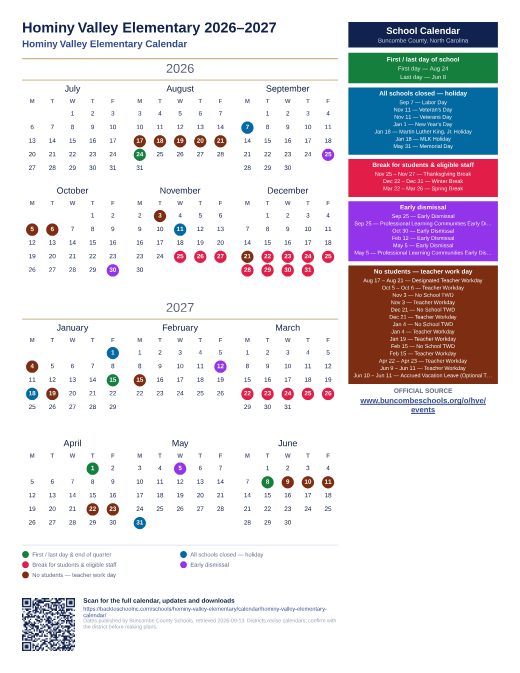 Hominy Valley Elementary Calendar preview