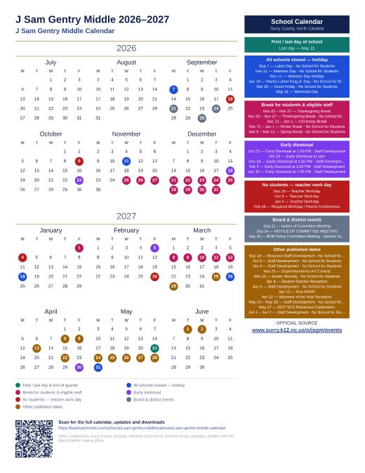 J Sam Gentry Middle Calendar preview