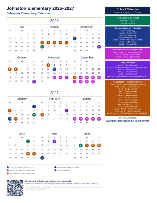 Johnston Elementary Calendar preview