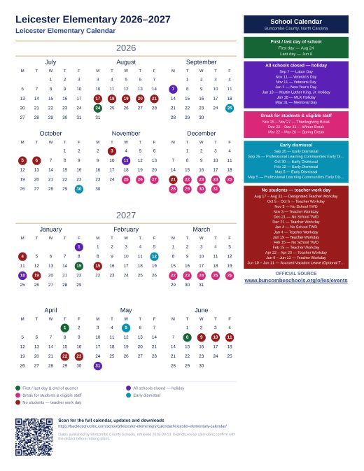 Leicester Elementary Calendar preview