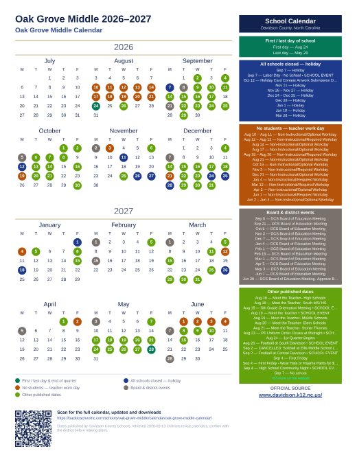 Oak Grove Middle Calendar preview
