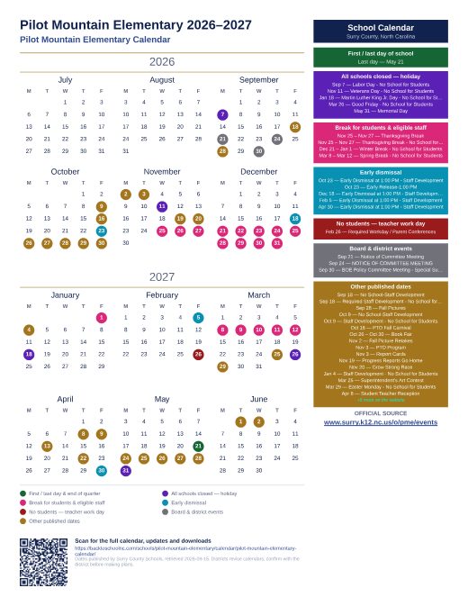 Pilot Mountain Elementary Calendar preview