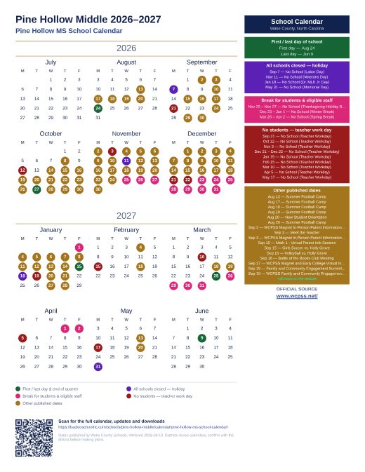 Pine Hollow MS School Calendar preview