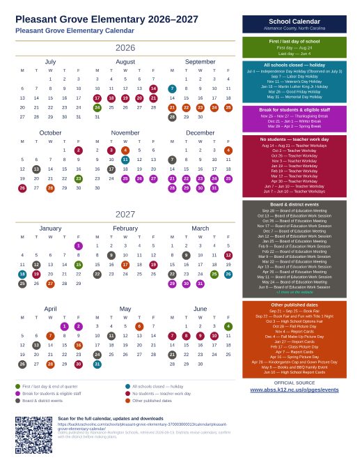 Pleasant Grove Elementary Calendar preview