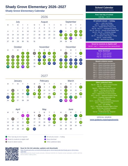 Shady Grove Elementary Calendar preview