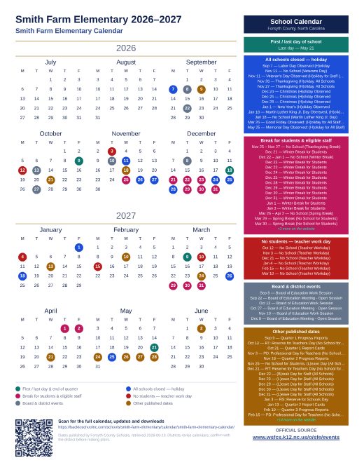 Smith Farm Elementary Calendar preview