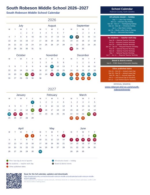 South Robeson Middle School Calendar preview
