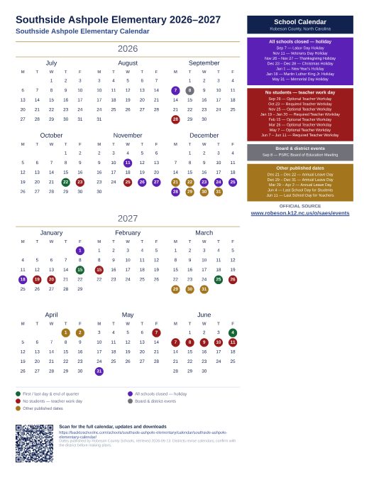 Southside Ashpole Elementary Calendar preview