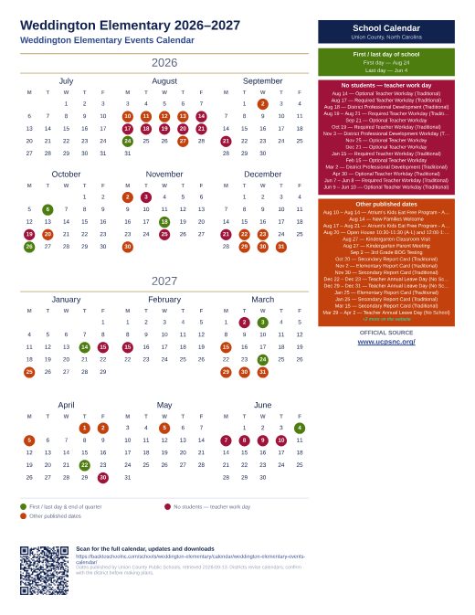 Weddington Elementary Events Calendar preview
