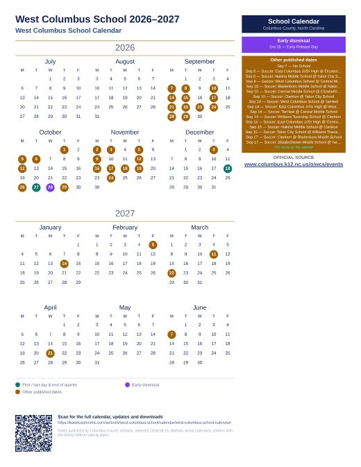West Columbus School Calendar preview