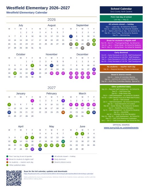 Westfield Elementary Calendar preview