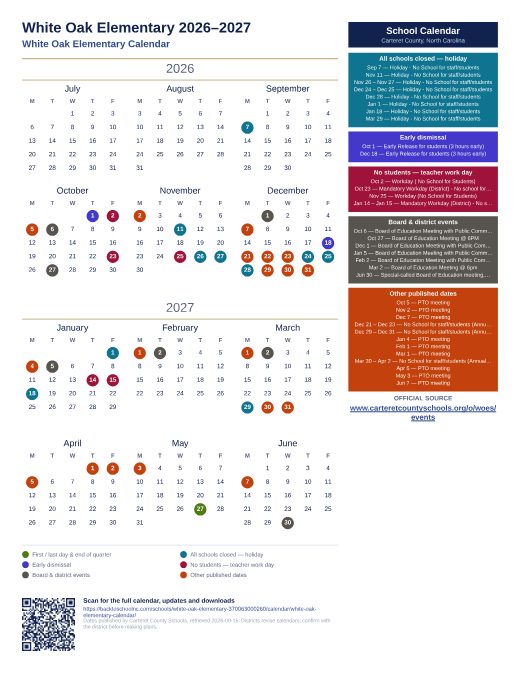 White Oak Elementary Calendar preview