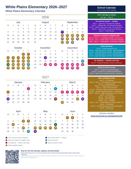 White Plains Elementary Calendar preview