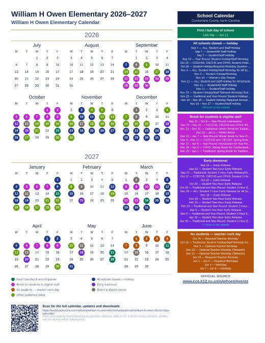 William H Owen Elementary Calendar preview