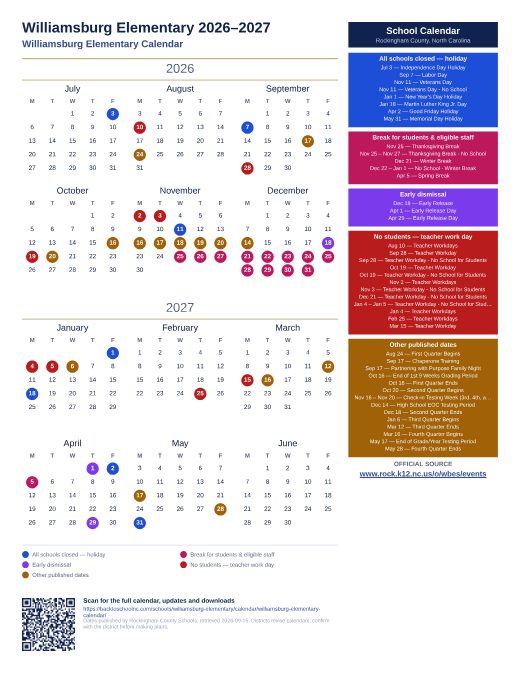 Williamsburg Elementary Calendar preview