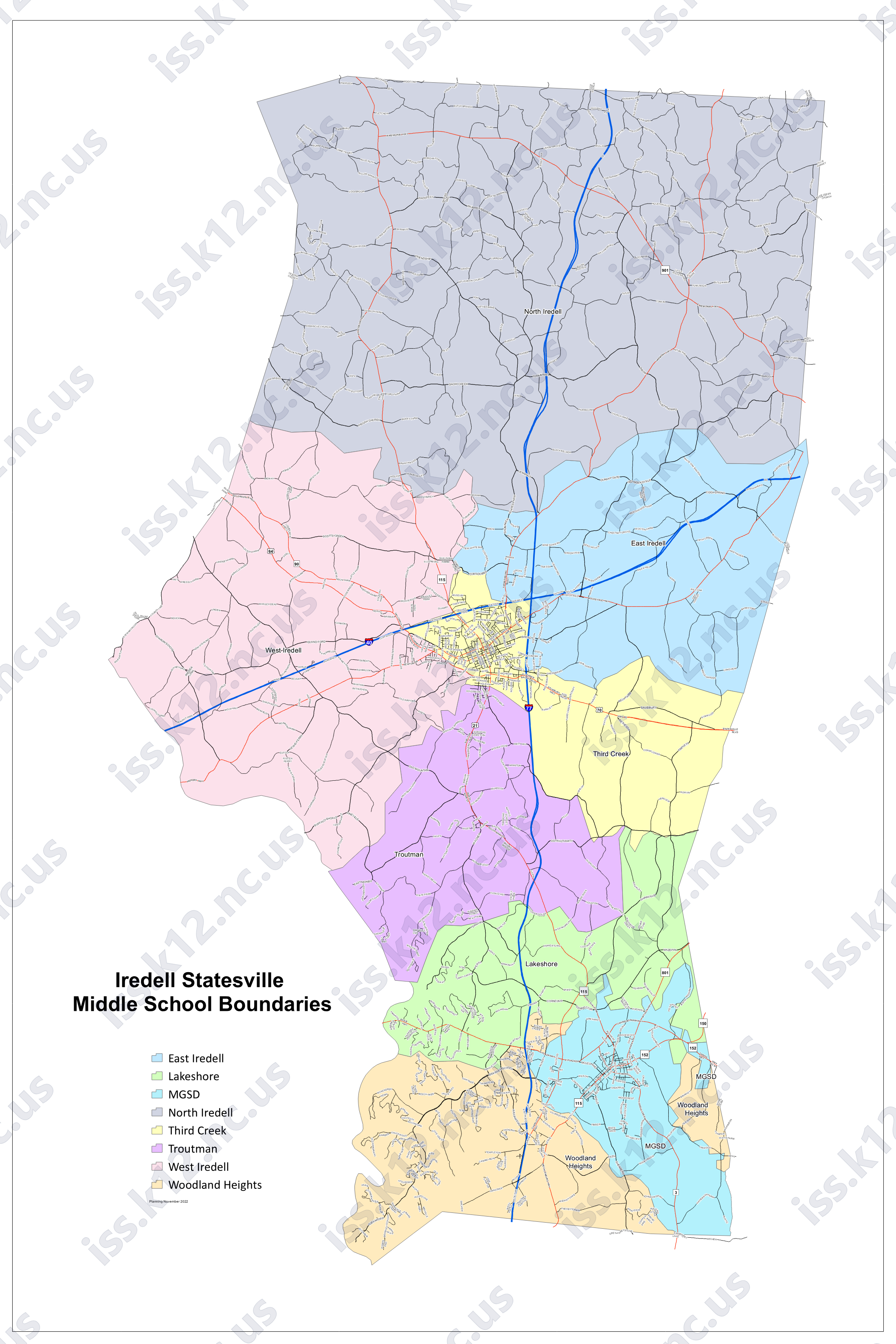 Middle school attendance areas for Iredell-Statesville Schools